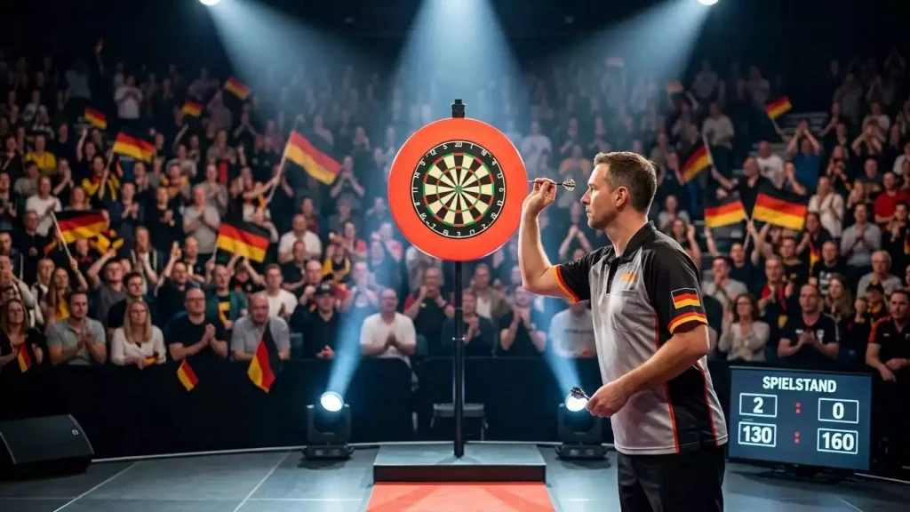 Deutsche PDC-Spieler bei einem European-Tour-Event mit deutschem Publikum im Hintergrund