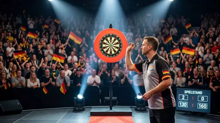 Deutsche PDC-Spieler bei einem European-Tour-Event mit deutschem Publikum im Hintergrund
