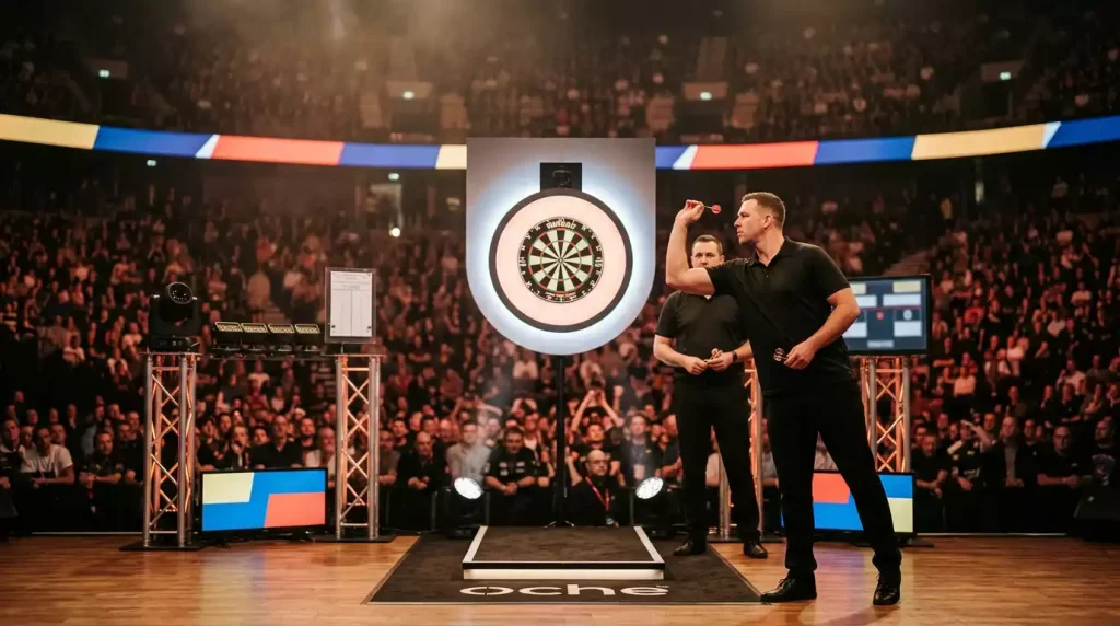 Bühne des Grand Slam of Darts in Wolverhampton mit Publikum in der Aldersley Leisure Village