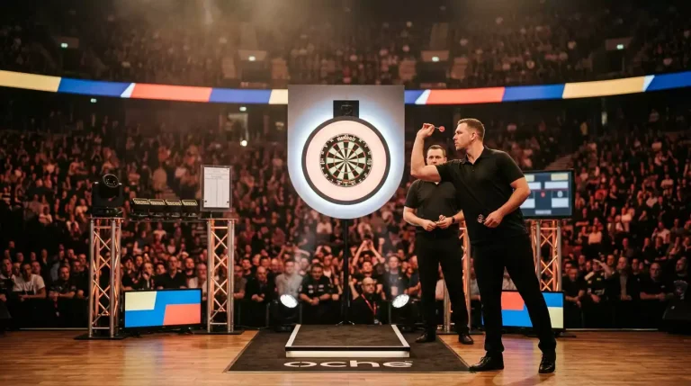 Bühne des Grand Slam of Darts in Wolverhampton mit Publikum in der Aldersley Leisure Village