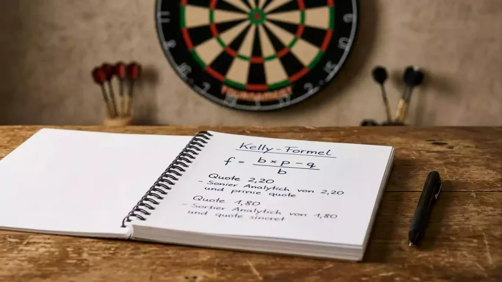 Notizbuch mit Kelly-Formel-Berechnung und Wettquoten neben einer Dartscheibe