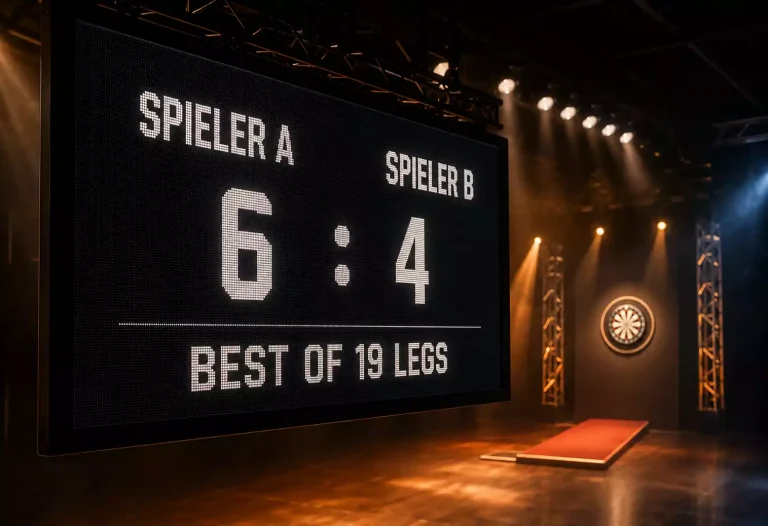 Anzeigetafel eines PDC-Matches mit Leg-Stand und Handicap-Linie