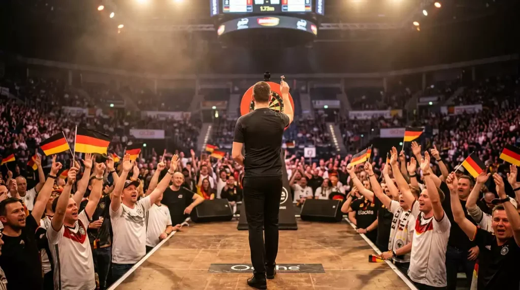 Volle Halle mit deutschem Publikum bei einem PDC-Event in Deutschland mit Fahnen und Trikots