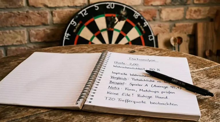 Notizbuch mit Berechnungen zu Wettquoten und Wahrscheinlichkeiten neben einer Dartscheibe