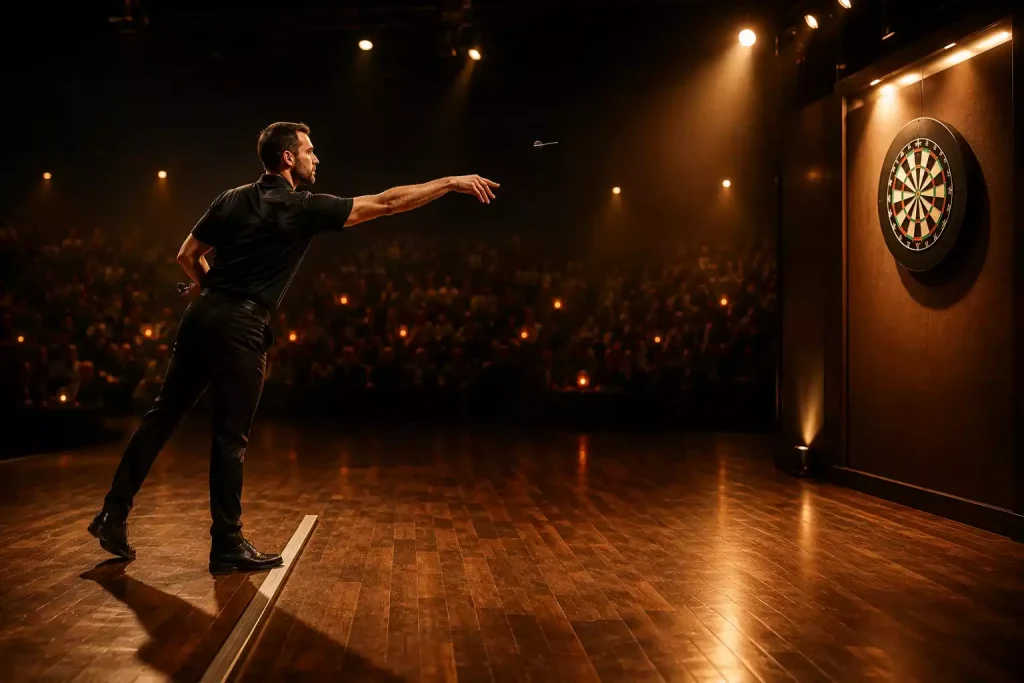 Profi-Dartspieler im PDC-Turnier-Polo im Wurfmoment an der Oche-Linie auf hellbeleuchteter Hauptbühne, im Hintergrund unscharf das Publikum.