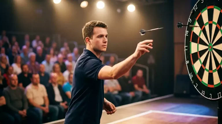 Junger männlicher Darts-Profi beim Wurf auf einer PDC-Turnierbühne mit Publikum im Hintergrund