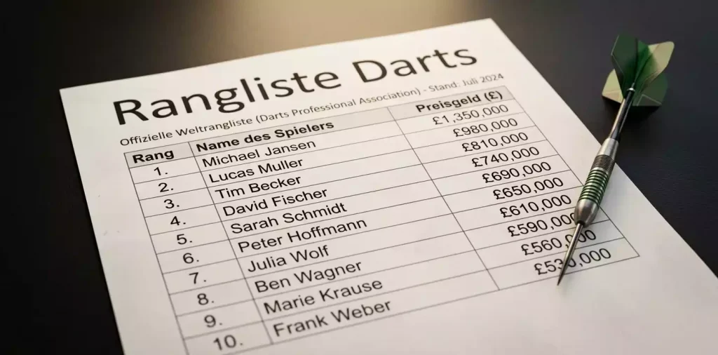 Tableau mit der aktuellen PDC Order of Merit Top 32 mit Preisgeld-Spalten