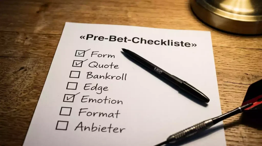 Strukturierte Checkliste mit sieben Prüfungs-Punkten für Darts-Wetten
