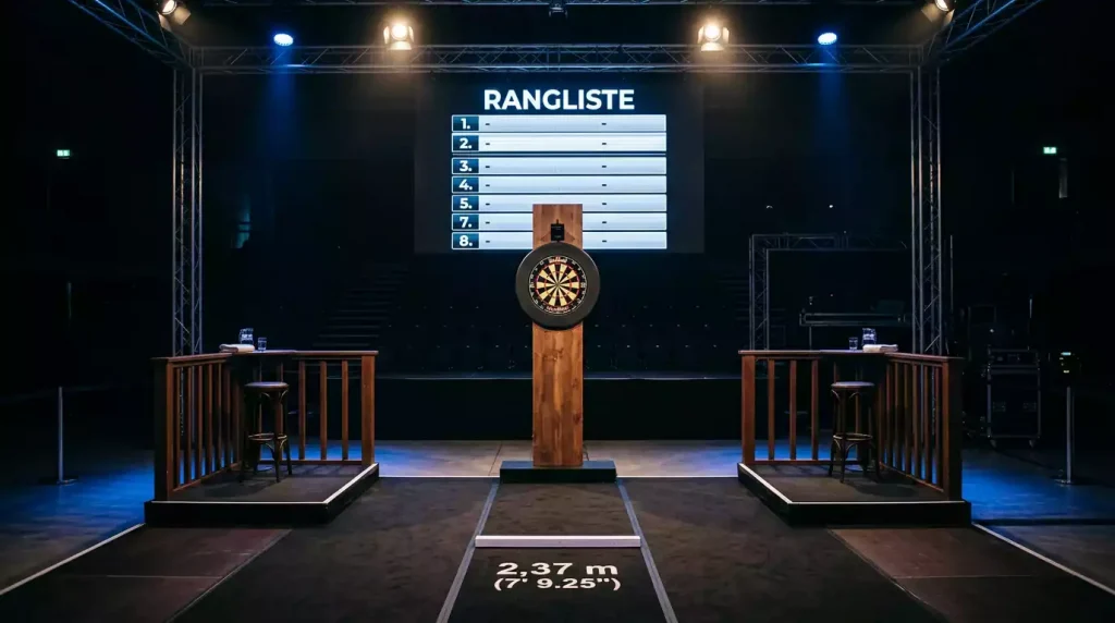 Premier-League-Darts-Bühne mit den acht Spielern und der Wochentabelle