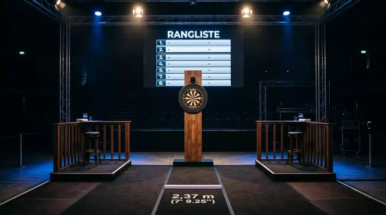 Premier-League-Darts-Bühne mit den acht Spielern und der Wochentabelle