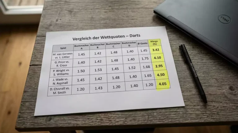Vergleichstabelle von Darts-Quoten mehrerer Anbieter mit hervorgehobener Margenberechnung