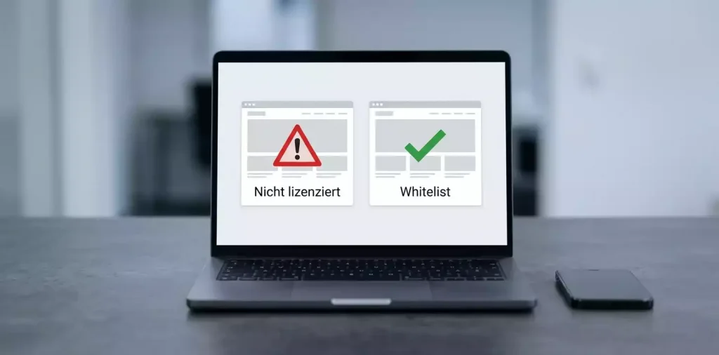 Warnsymbolische Darstellung eines unlizenzierten Wettanbieters mit roter Markierung und Vergleich zu legalem Whitelist-Symbol