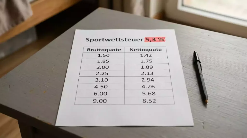 Tabellarische Darstellung der Steuerwirkung auf Brutto- und Nettoquoten bei deutschen Sportwetten