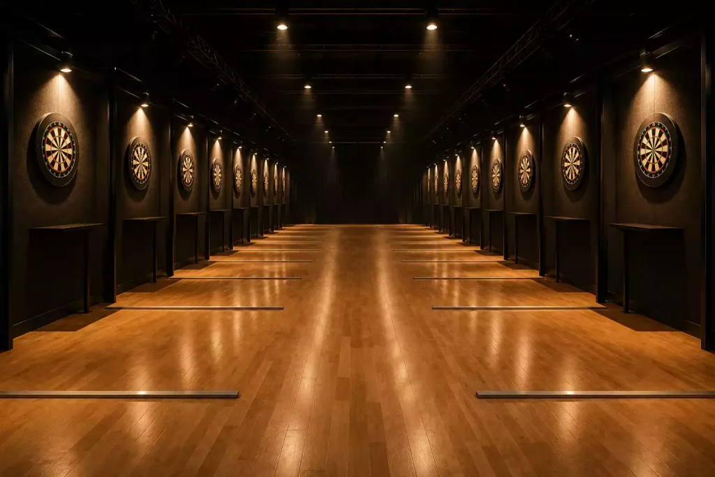 Reihen von professionellen Sisal-Dartscheiben auf der Floor-Bühne eines PDC-Pro-Tour-Events, jede Spielstation durch fokussierte Spotlights ausgeleuchtet, parallele Oche-Linien im Vordergrund.