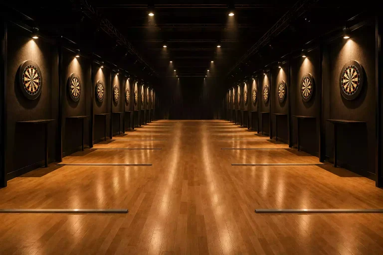 Reihen von professionellen Sisal-Dartscheiben auf der Floor-Bühne eines PDC-Pro-Tour-Events, jede Spielstation durch fokussierte Spotlights ausgeleuchtet, parallele Oche-Linien im Vordergrund.